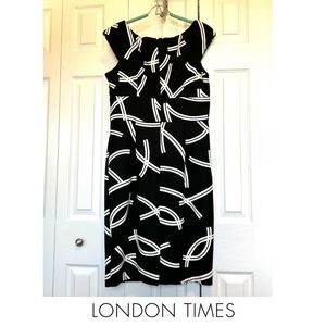 London Times Black and White Geometric Sleeveless Knee Length Dress Size 12